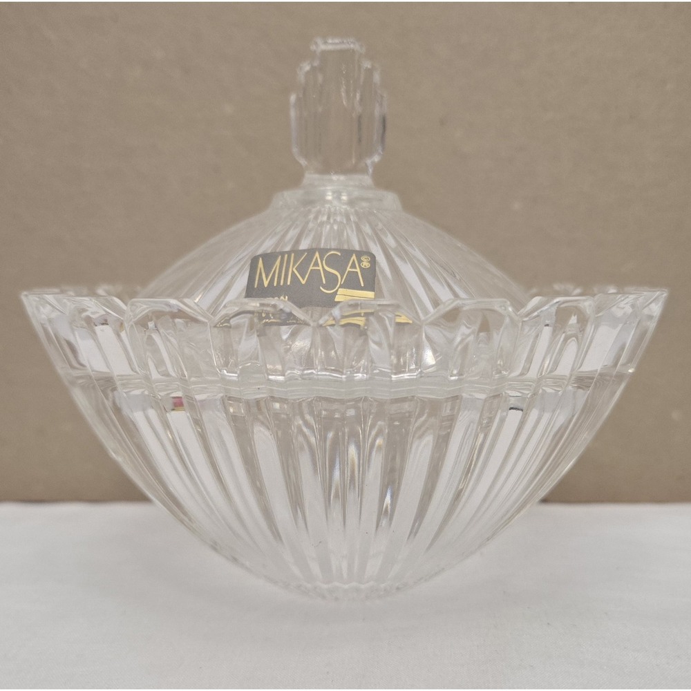 Vtg Mikasa Marquette Lead Crystal Covered Candy Box Art Deco Lidded Trinket Dish